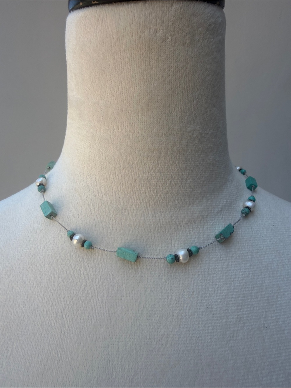 Turquoise Aqua Bead and Pearl Station Necklace - Choker Delicate Women Jewelry